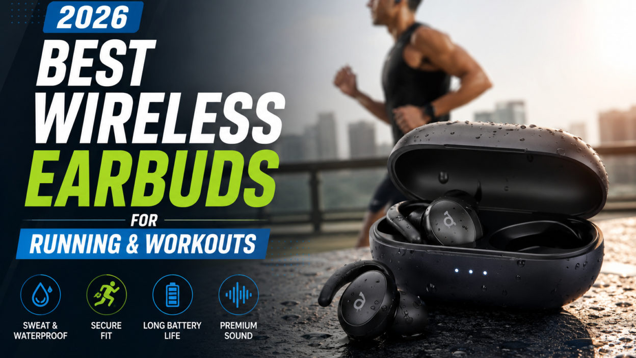 Best workout earbuds 2026 featured image — sport earbud with ear hook and sweat drops on an energetic background