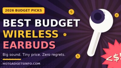 Best budget wireless earbuds 2026 featured image — glossy earbud with coins and a "under $50" starburst on a retro sunburst background