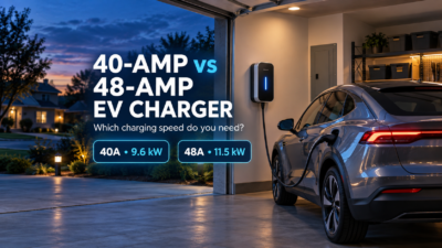 Electric car charging in a home garage with 40-amp and 48-amp charging speeds compared