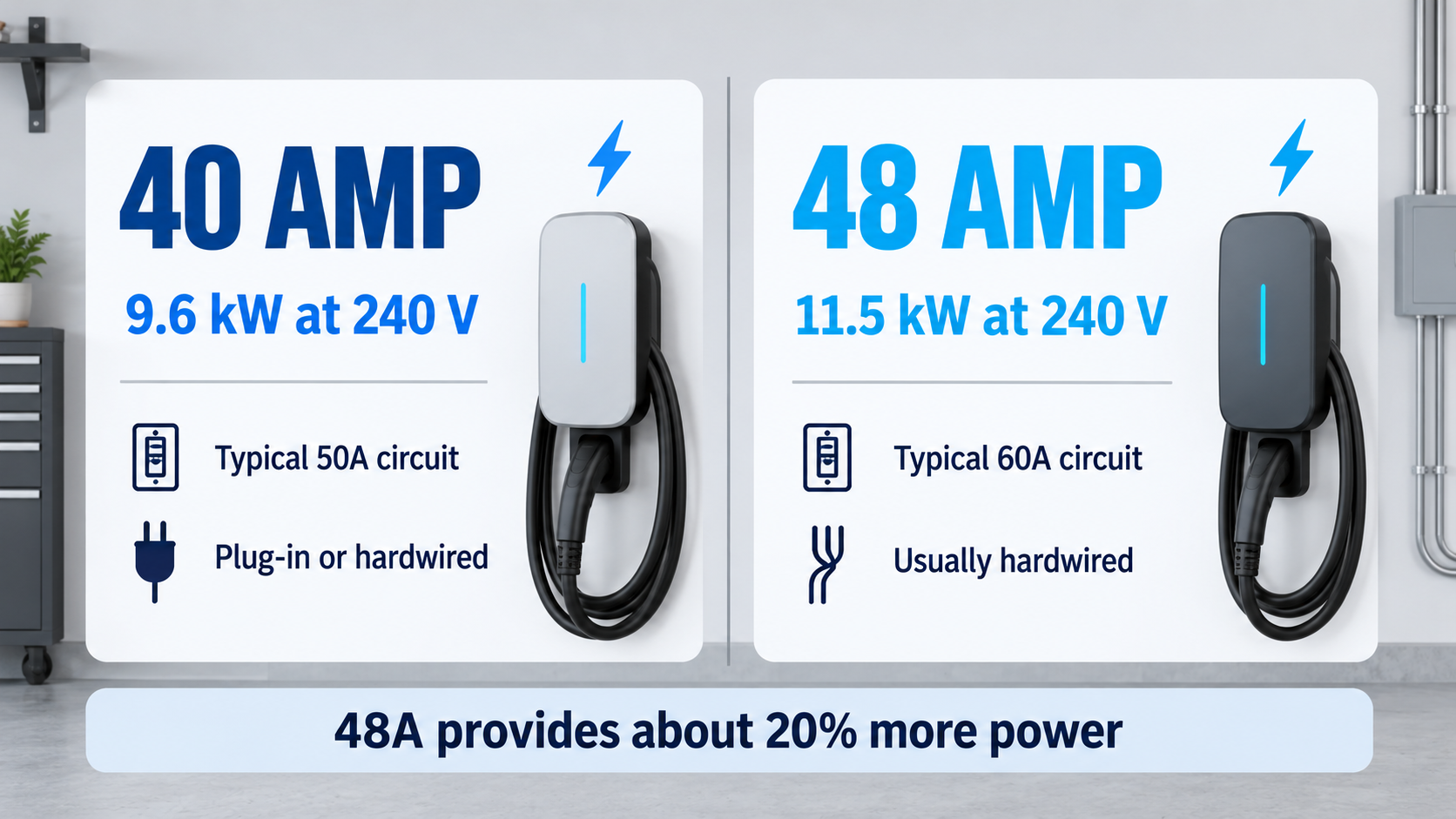 Comparison of 40-amp 9.6-kW and 48-amp 11.5-kW home EV charging