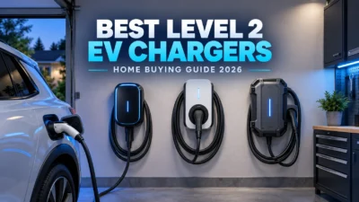 Three Level 2 EV chargers installed in a modern home garage