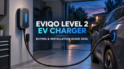 Electric vehicle connected to a wall-mounted Level 2 home EV charger