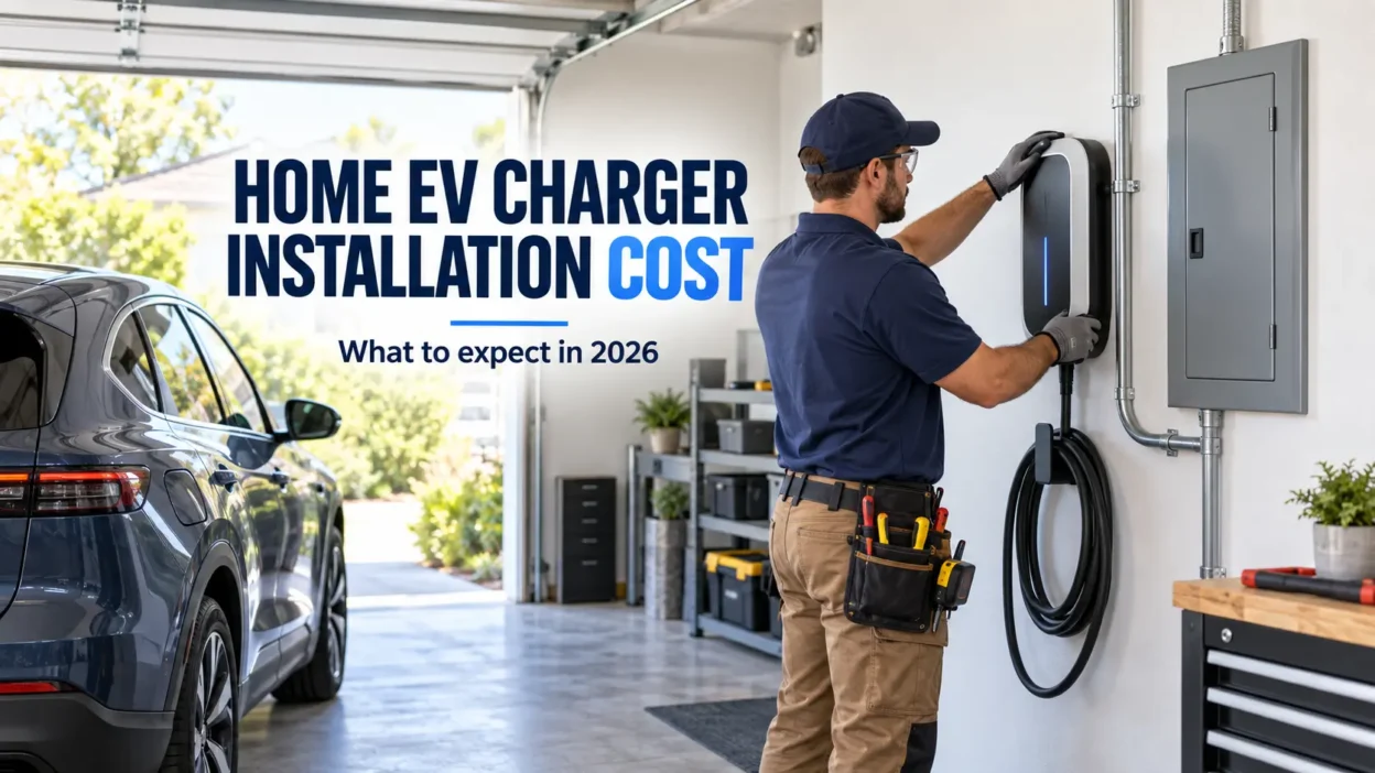 Electrician professionally installing a Level 2 EV charger in a residential garage