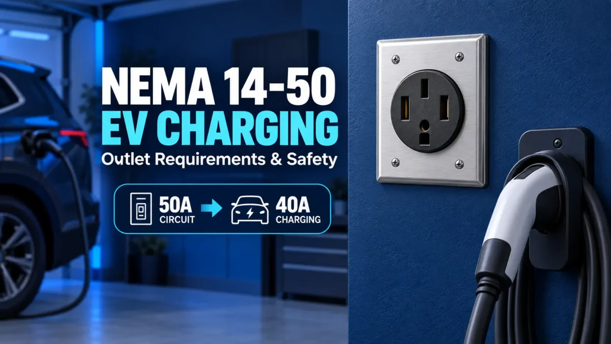 NEMA 14-50 outlet and Level 2 connector illustrating a 50-amp circuit and 40-amp EV charging