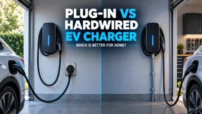 Plug-in and hardwired Level 2 EV chargers compared in a home garage