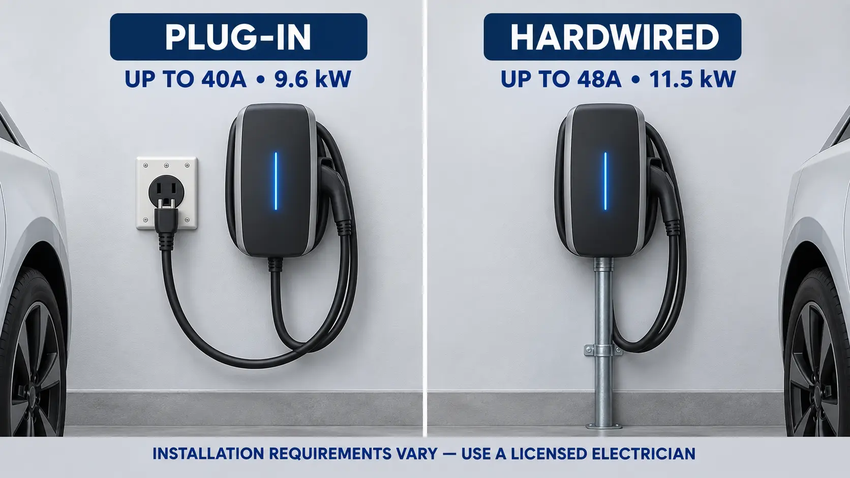 Comparison of a 40 amp plug-in EV charger and a 48 amp hardwired EV charger