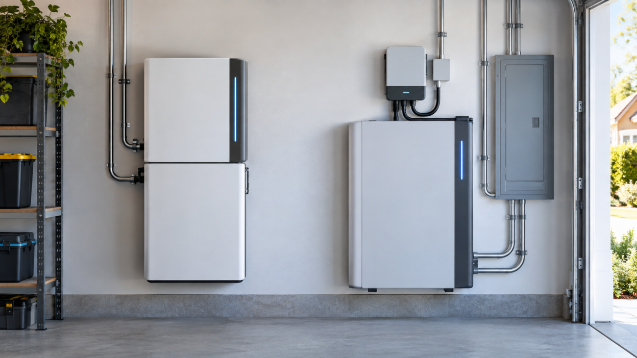 Two professionally installed home battery systems compared in a residential garage