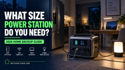 Portable power station powering a refrigerator, Wi-Fi router, laptop and lights during an outage