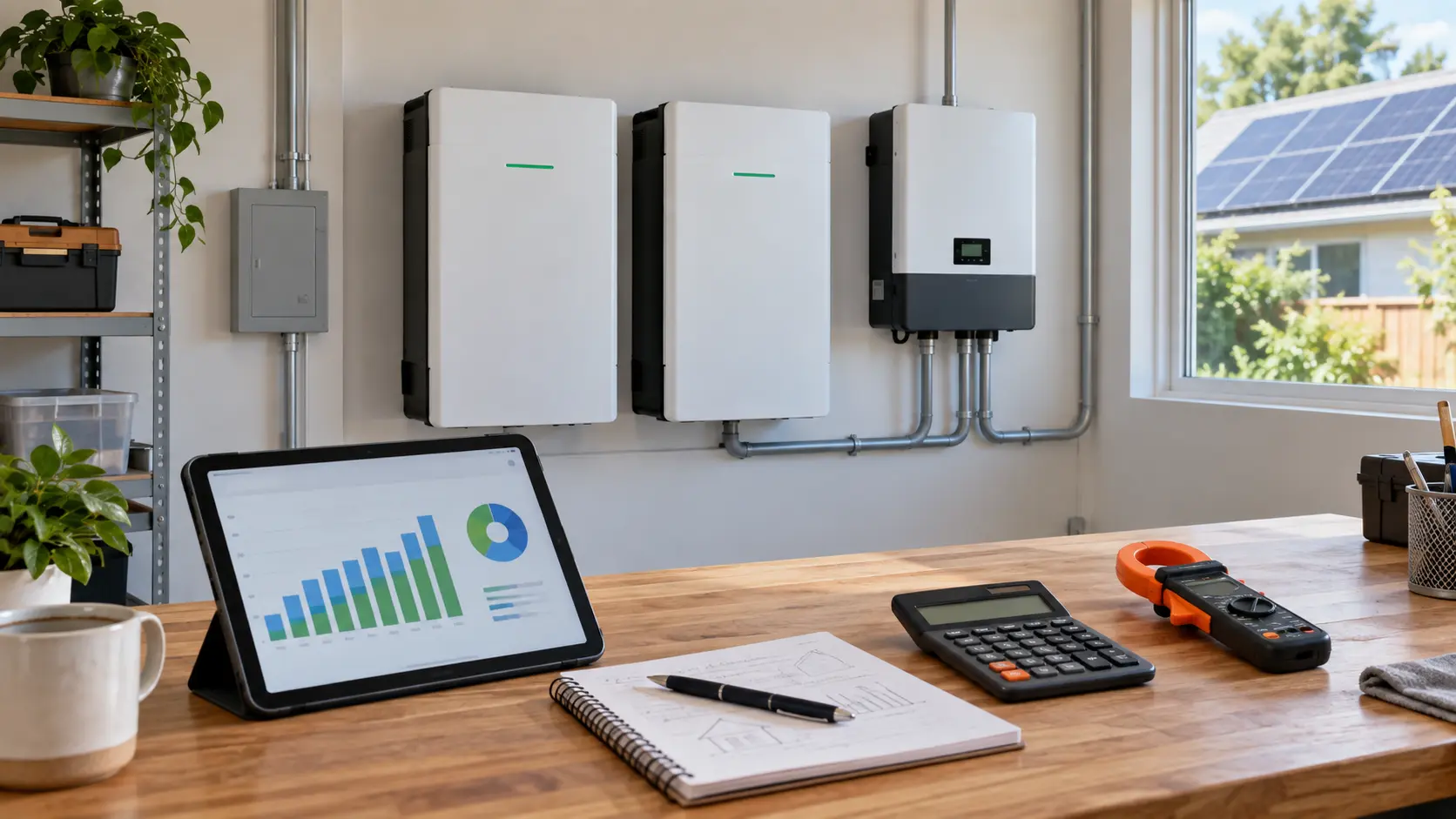Energy-use calculations for sizing two installed home solar batteries