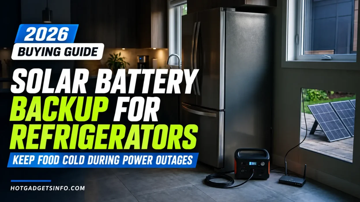 Portable solar battery powering a refrigerator and Wi-Fi router during a home power outage