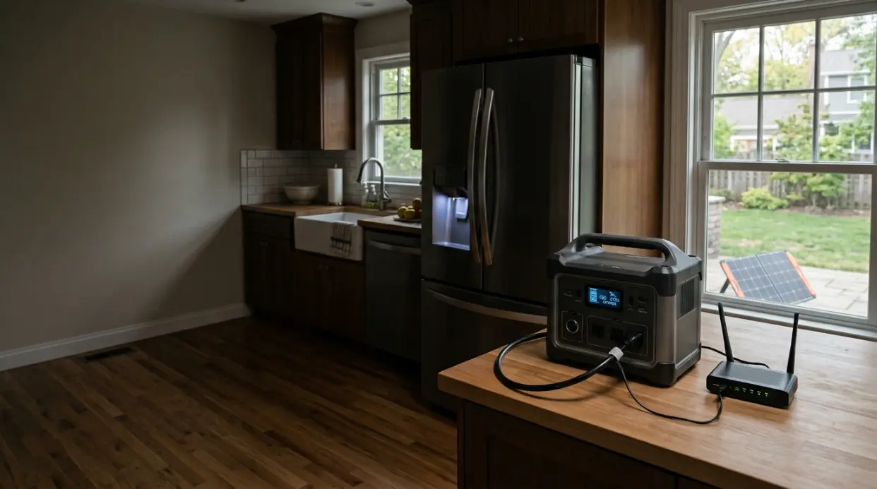 Portable solar battery powering a refrigerator