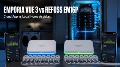 Emporia Vue 3 and Refoss EM16P home energy monitors with circuit sensors and app dashboards