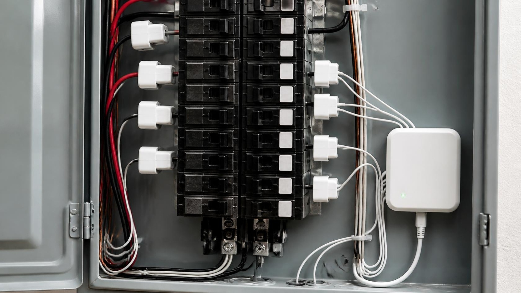 Clamp-on current sensors installed on circuits inside a home breaker panel, wired to a smart energy monitor